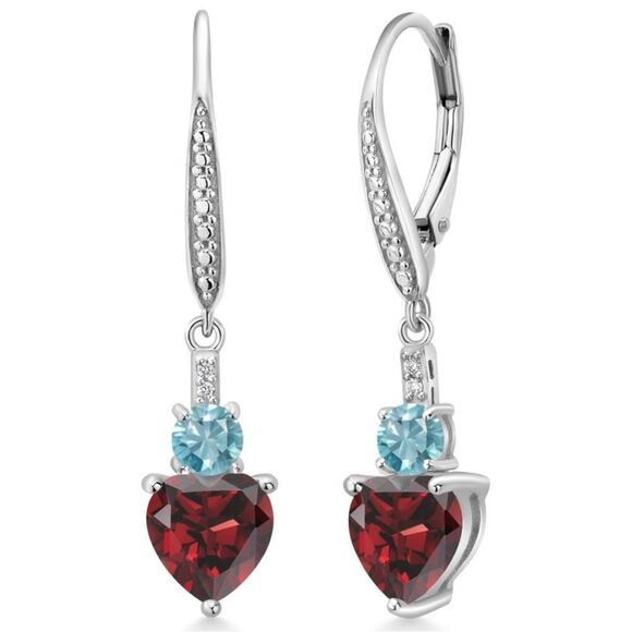 925 Sterling Silver with 3.63 Cttw Red Garnet and Blue Zircon Heart Earrings